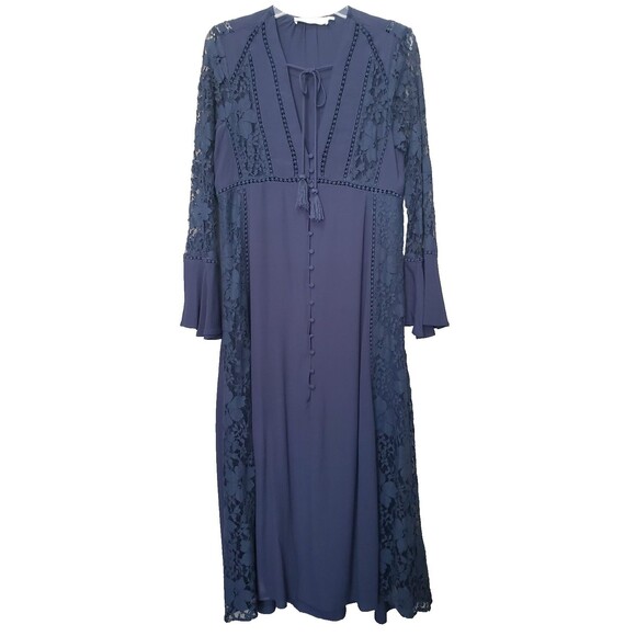 ASTR The Label Anastasia Navy Lace Detail Button-Front Bell Sleeve Dress Size L - Picture 1 of 6